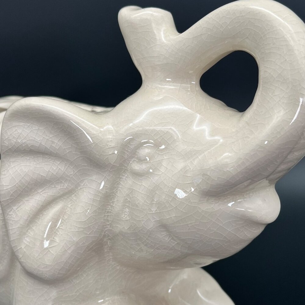 Ceramic Elephant Figurine Carved Crackle Pattern Trunk Up 9" x 7" - Picture 10 of 14